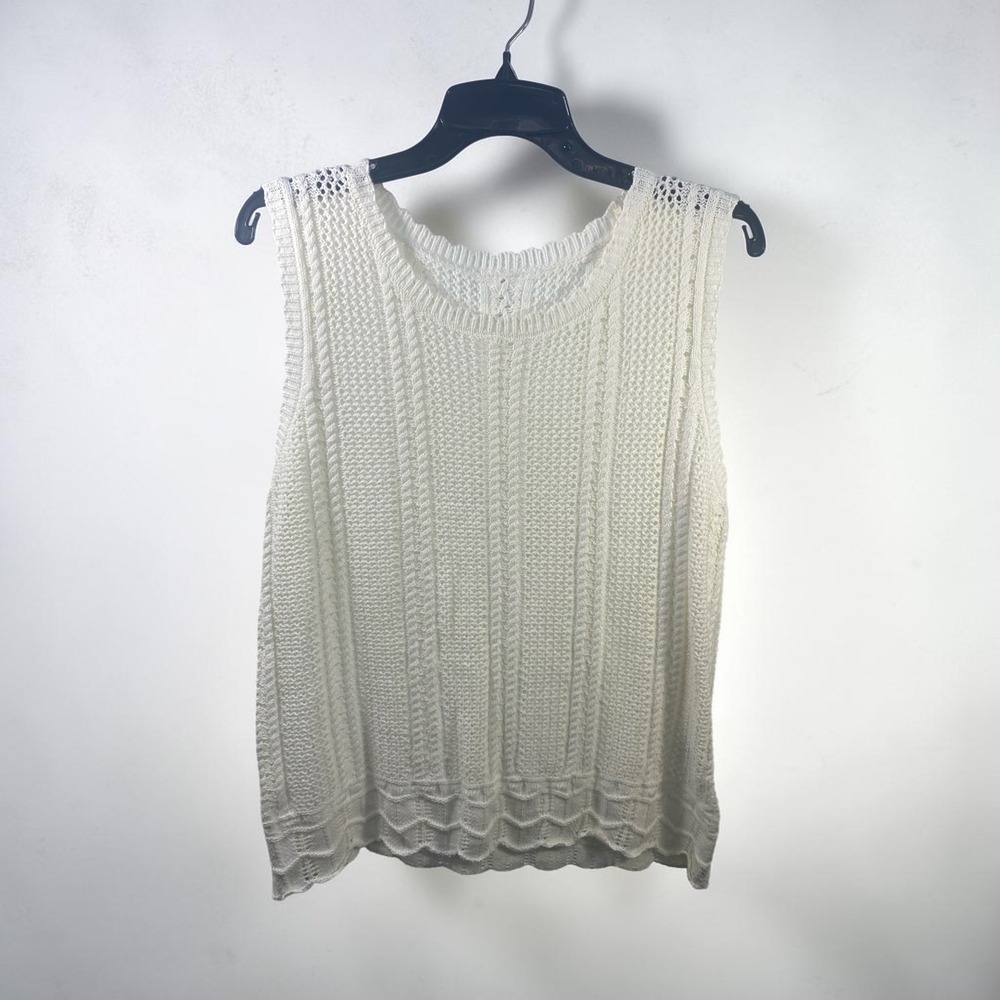 ION Cream White Sleeveless Cable Knit Pointelle Top Scalloped Hem Medium